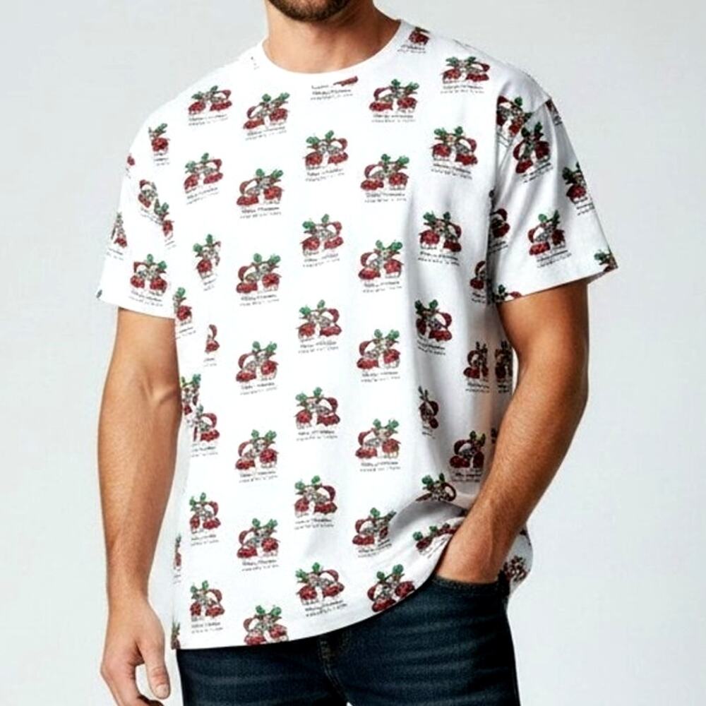 Denim & Flower White Pug Chihuahua Holiday Short Sleeve T-Shirt Men's Size M NWT